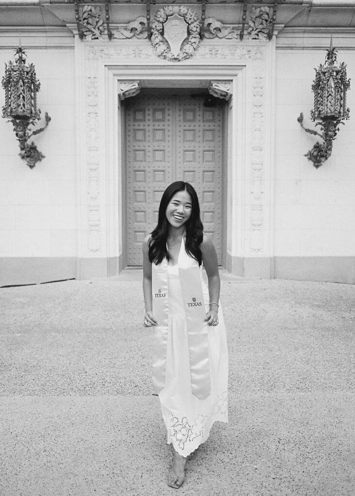 Texas Longhorn senior photos in front of the UT Tower at sunset on film