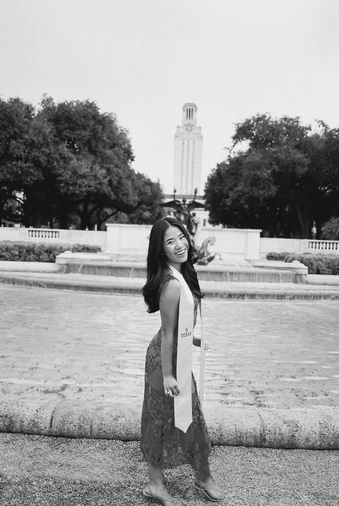 University of Texas graduation photos around campus landmarks on film