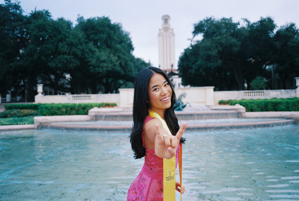 University of Texas graduation photos around campus landmarks on film