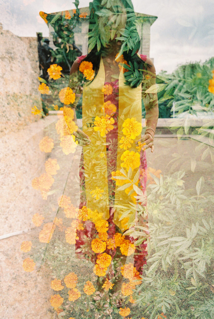 University of Texas graduation photos around campus landmarks on film