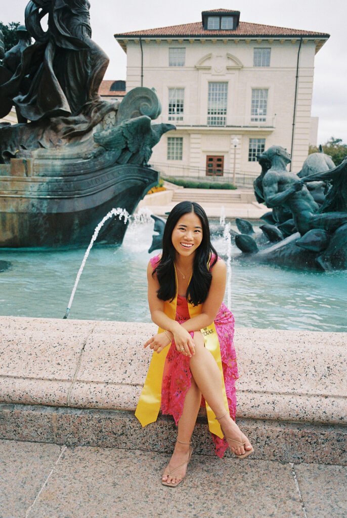 University of Texas graduation photos around campus landmarks on film