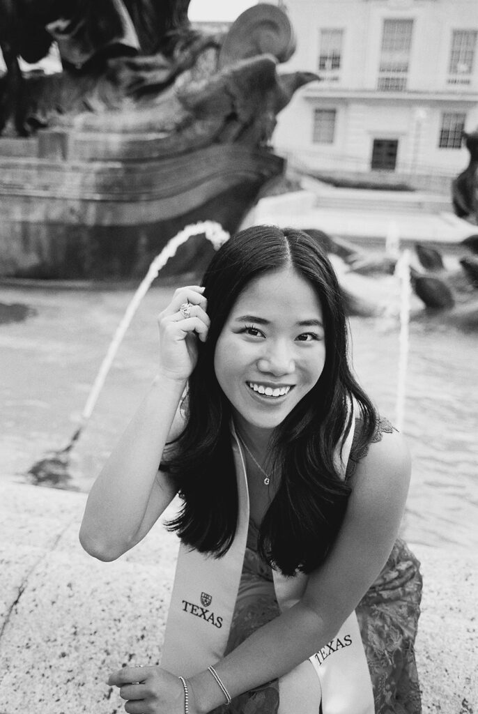 University of Texas graduation photos around campus landmarks on film