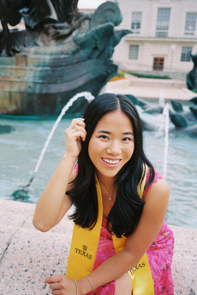University of Texas graduation photos around campus landmarks on film