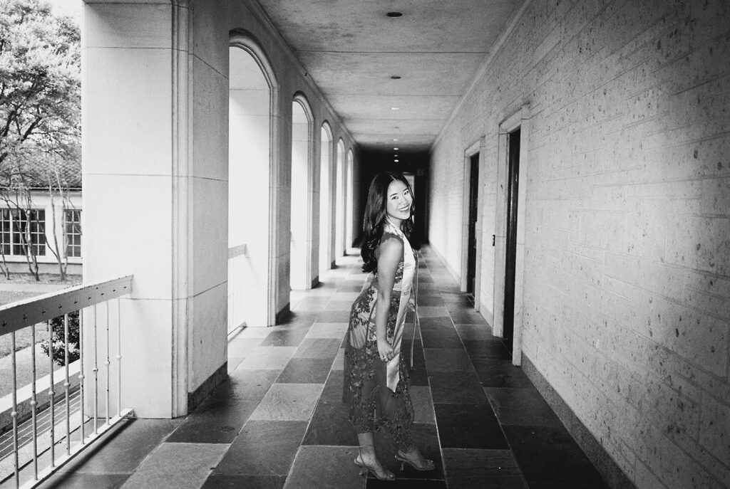 University of Texas graduation photos around campus landmarks on film