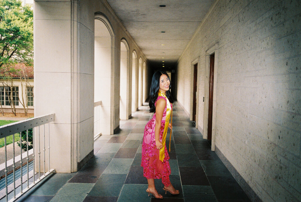 University of Texas graduation photos around campus landmarks on film