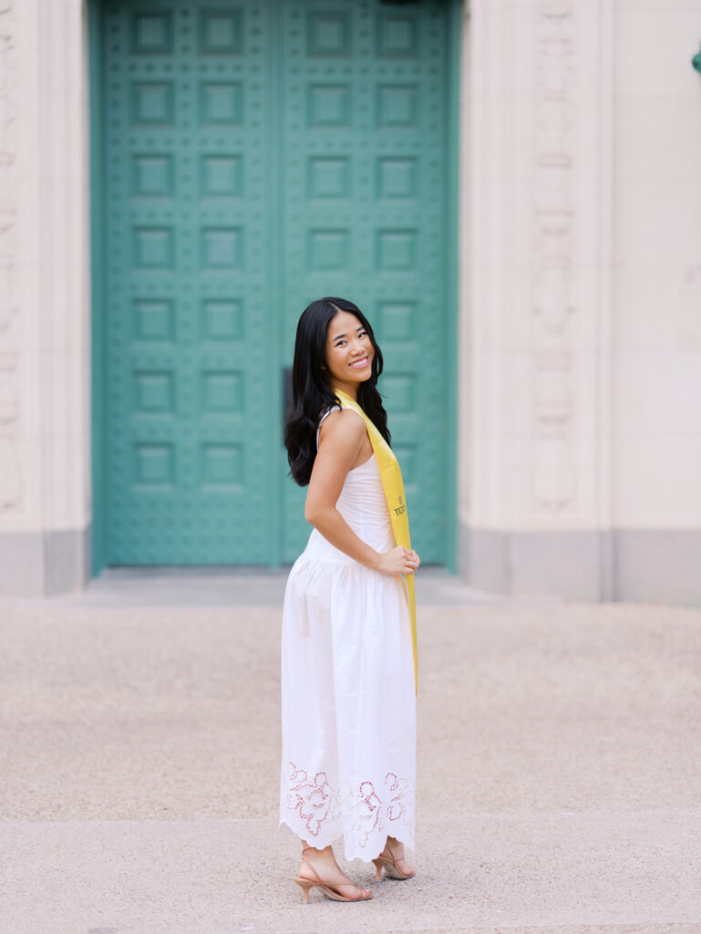 Texas Longhorn senior photos in front of the UT Tower at sunset on film