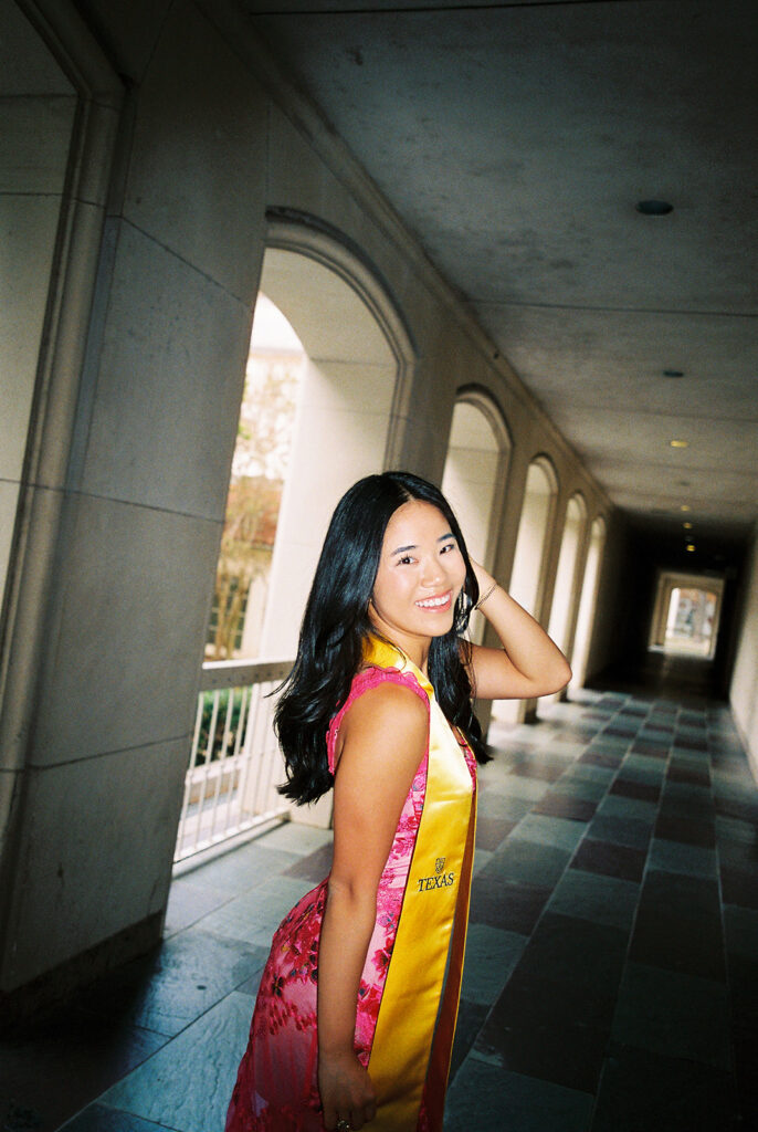 University of Texas graduation photos around campus landmarks on film