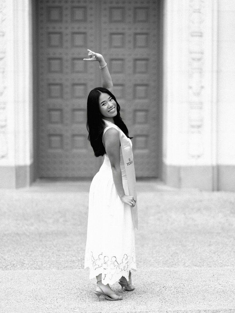 Texas Longhorn senior photos in front of the UT Tower at sunset on film