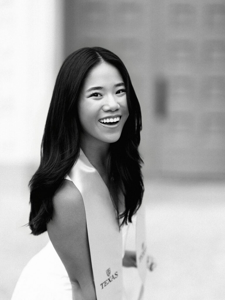 Texas Longhorn senior photos in front of the UT Tower at sunset on film