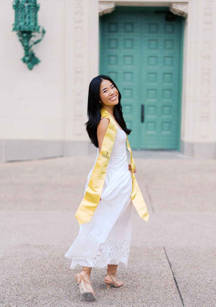 Texas Longhorn senior photos in front of the UT Tower at sunset on film