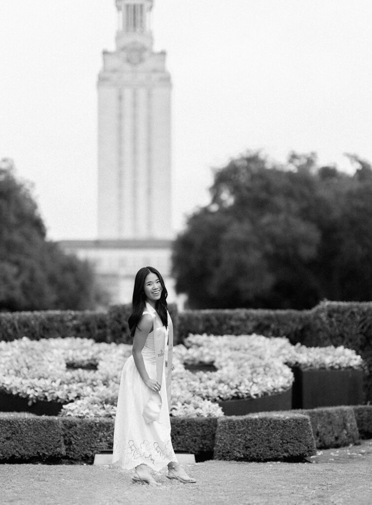 Texas Longhorn senior photos in front of the UT Tower at sunset on film