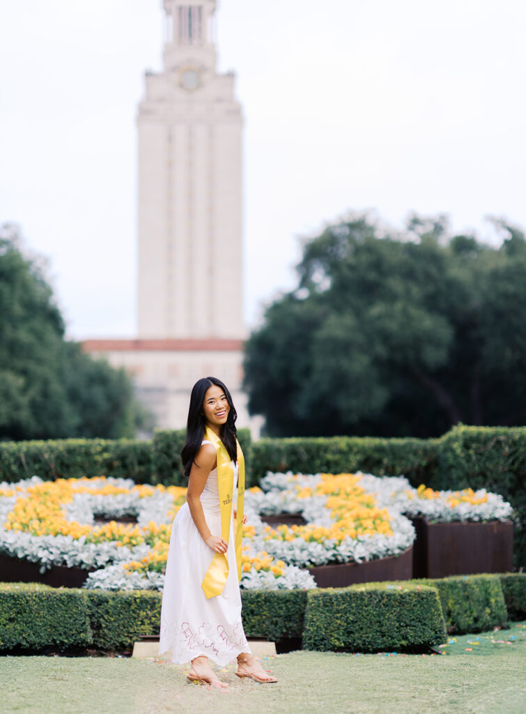 Texas Longhorn senior photos in front of the UT Tower at sunset on film