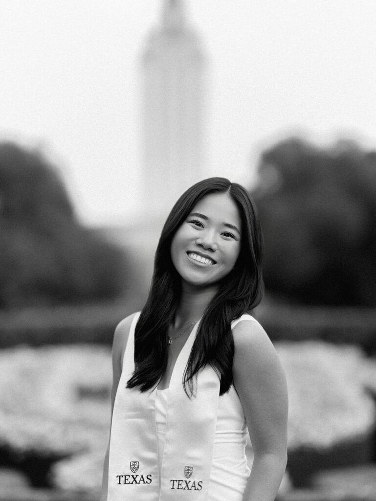 Texas Longhorn senior photos in front of the UT Tower at sunset on film