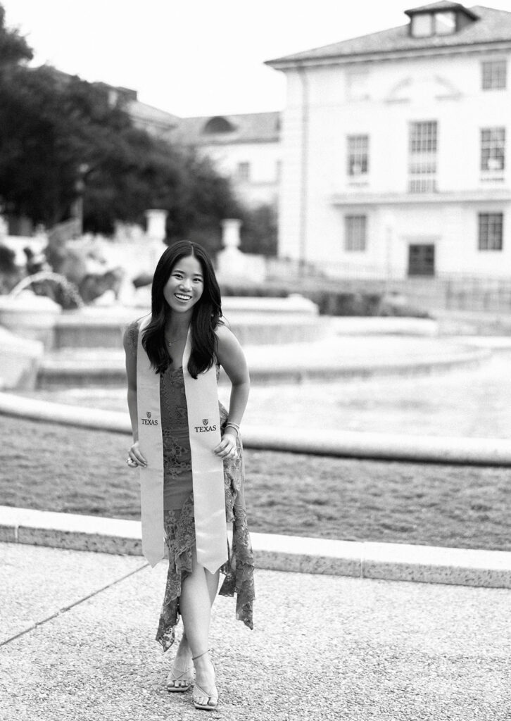 University of Texas graduation photos around campus landmarks