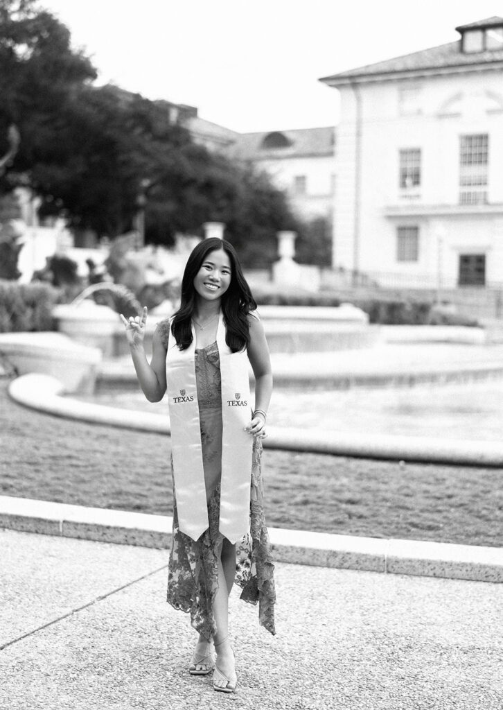 University of Texas graduation photos around campus landmarks