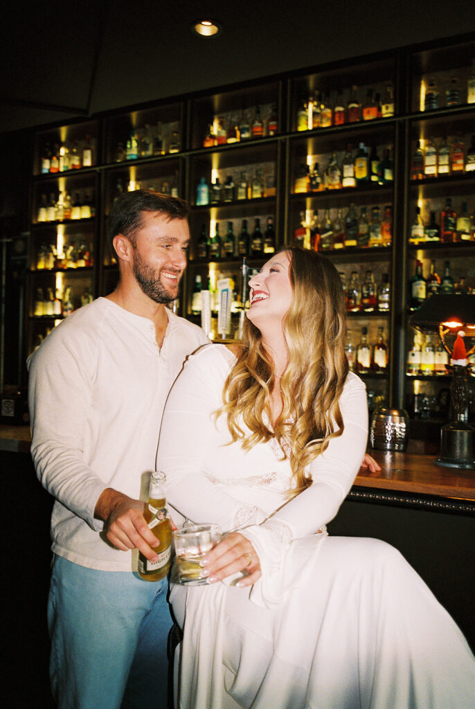 Dive bar engagement session in Austin, Texas at Seven Grand Austin on film