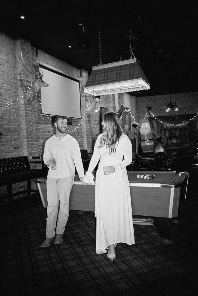 Dive bar engagement session in Austin, Texas at Seven Grand Austin on film