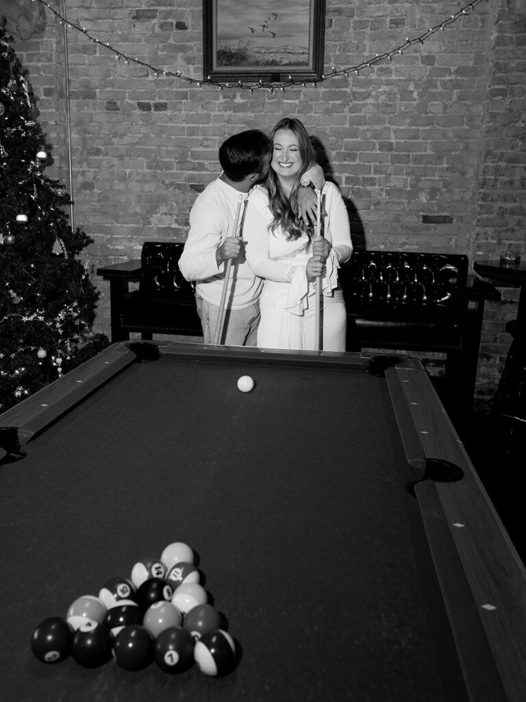 Fun and candid dive bar engagement session photographed on film