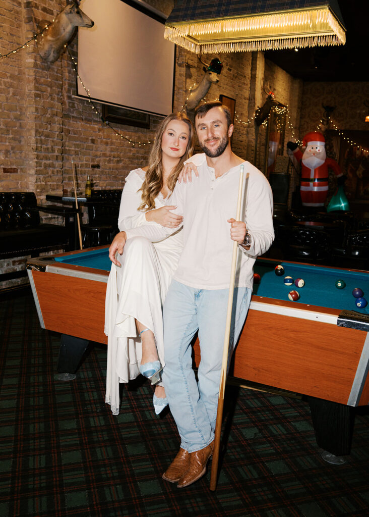 Fun and candid dive bar engagement session photographed on film