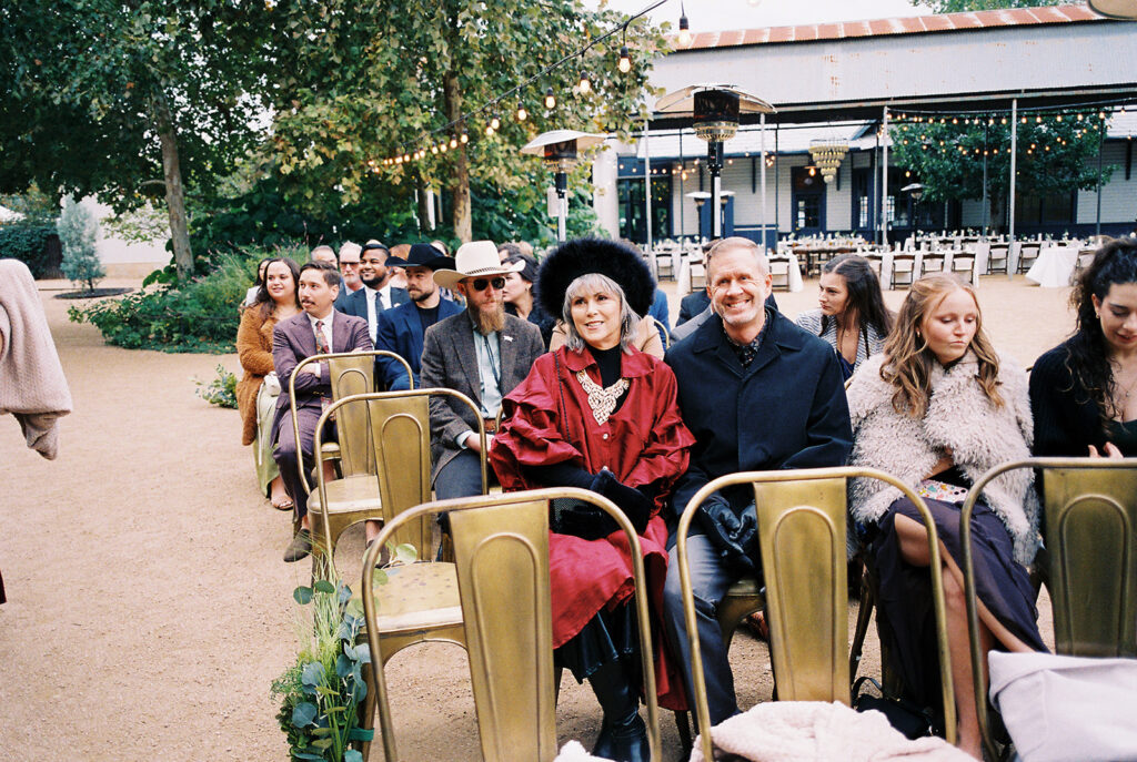 Outdoor wedding ceremony at Springdale Station on a November day on film