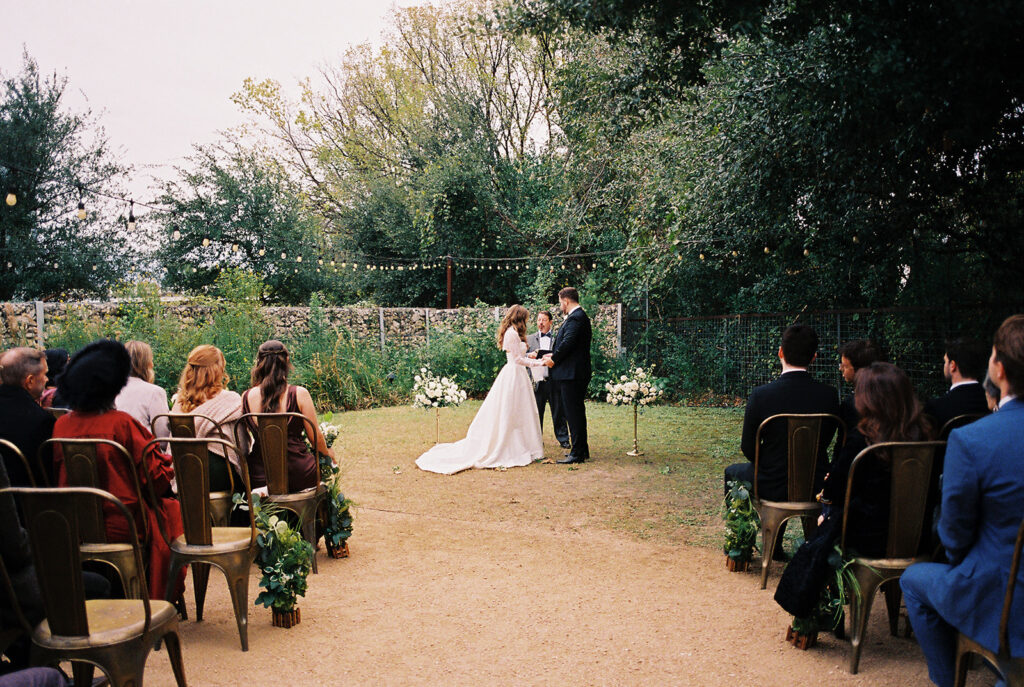 Outdoor wedding ceremony at Springdale Station on a November day