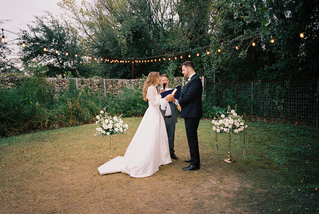 Outdoor wedding ceremony at Springdale Station on a November day