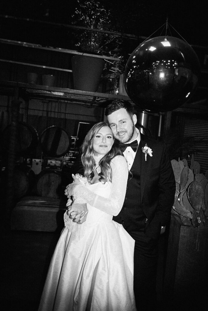 Bride and groom portrait with flash film photography at Springdale Station wedding venue