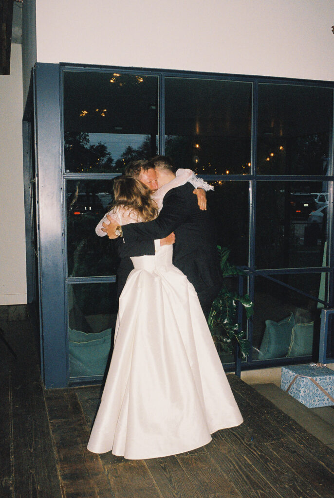 Bride and groom portrait with flash film photography at Springdale Station wedding venue