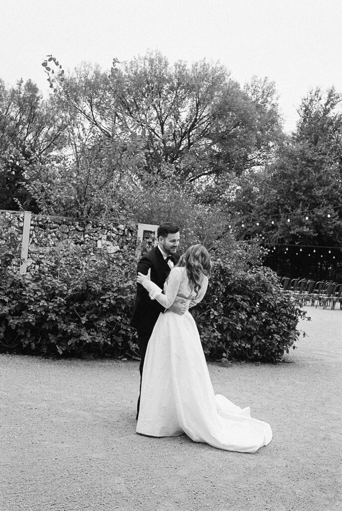 Emotional first look during an intimate wedding in Austin, Texas photographed on film