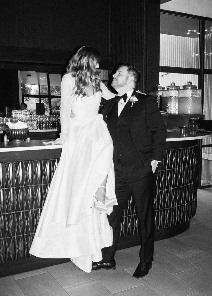 Bride and groom portrait with flash film photography at Springdale Station wedding venue