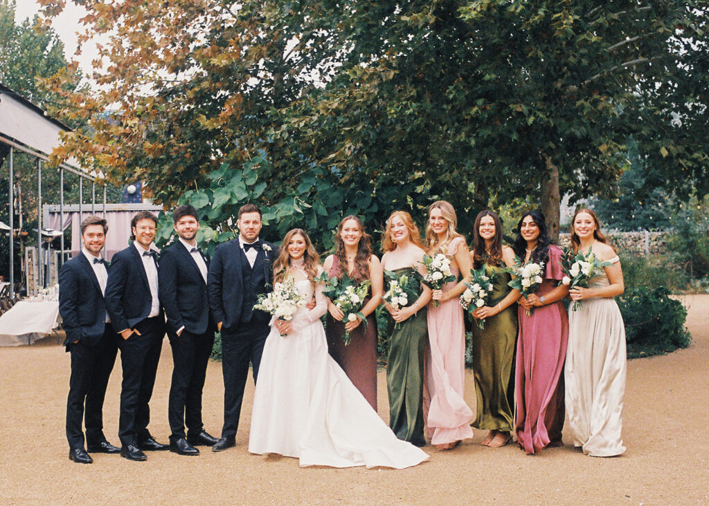 wedding party portrait outdoors at Springdale Station wedding venue
