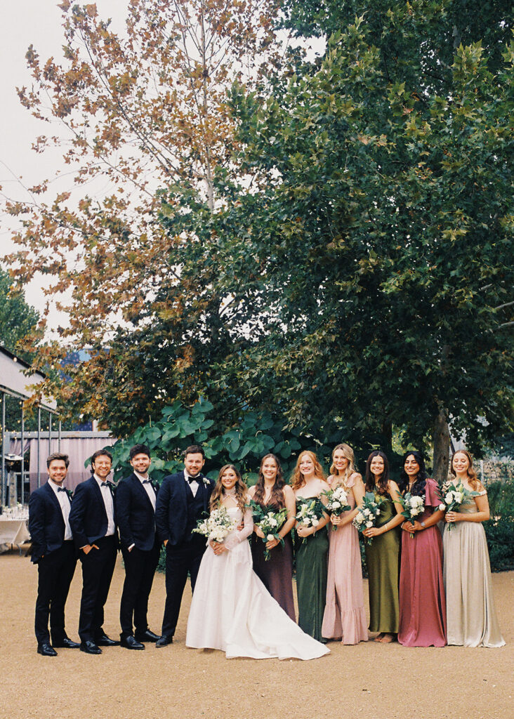 wedding party portrait outdoors at Springdale Station wedding venue