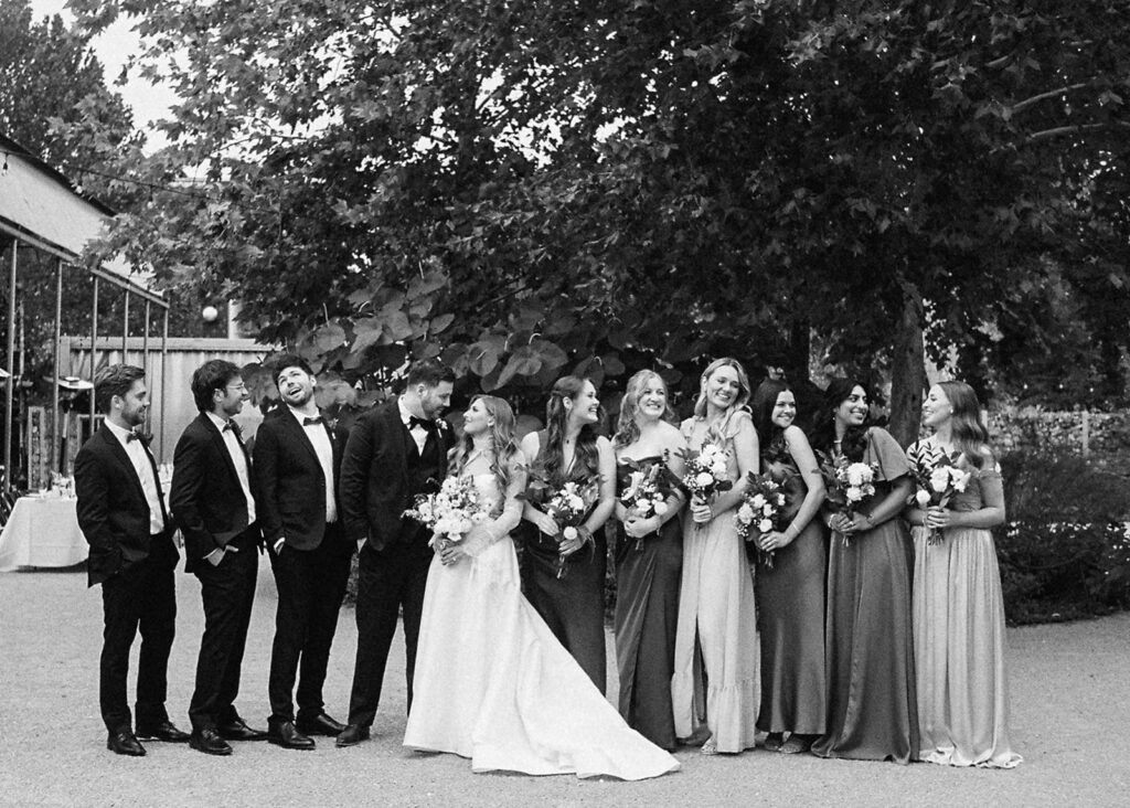 wedding party portrait outdoors at Springdale Station wedding venue