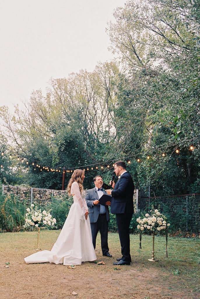 Outdoor wedding ceremony at Springdale Station on a November day on film