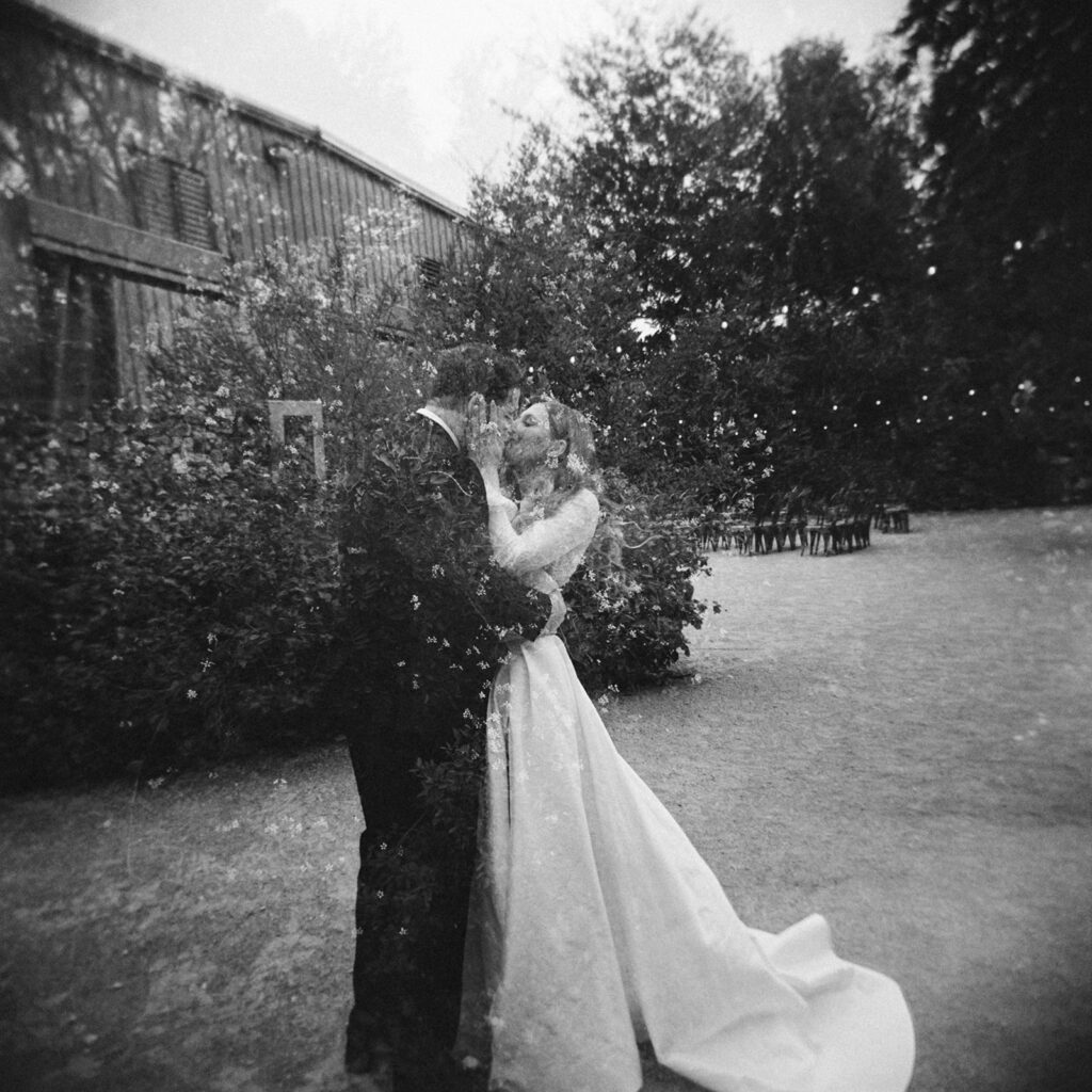 Emotional first look during an intimate wedding in Austin, Texas photographed on film
