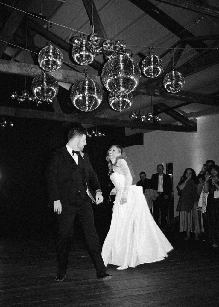 Guests dancing during a lively wedding reception in Austin, Texas on film