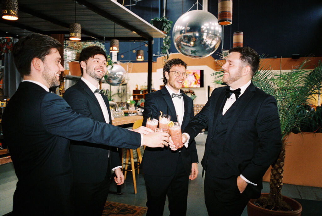 wedding party portrait outdoors at Springdale Station wedding venue