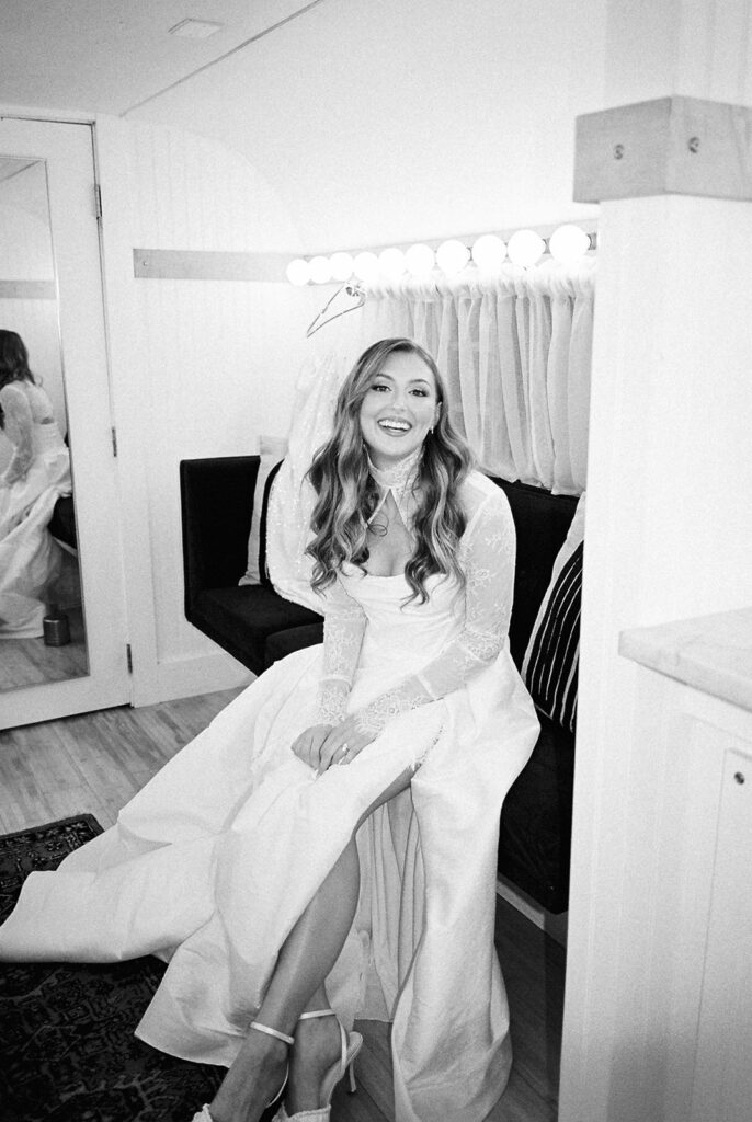 bride and groom getting ready for an Intimate wedding at Springdale Station in Austin, Texas photographed on film