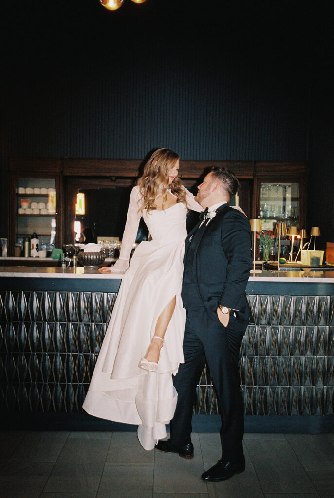 Bride and groom portrait with flash film photography at Springdale Station wedding venue