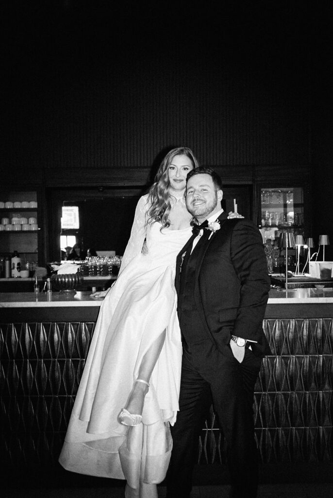 Bride and groom portrait with flash film photography at Springdale Station wedding venue