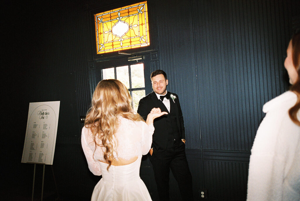 Bride and groom portrait with flash film photography at Springdale Station wedding venue