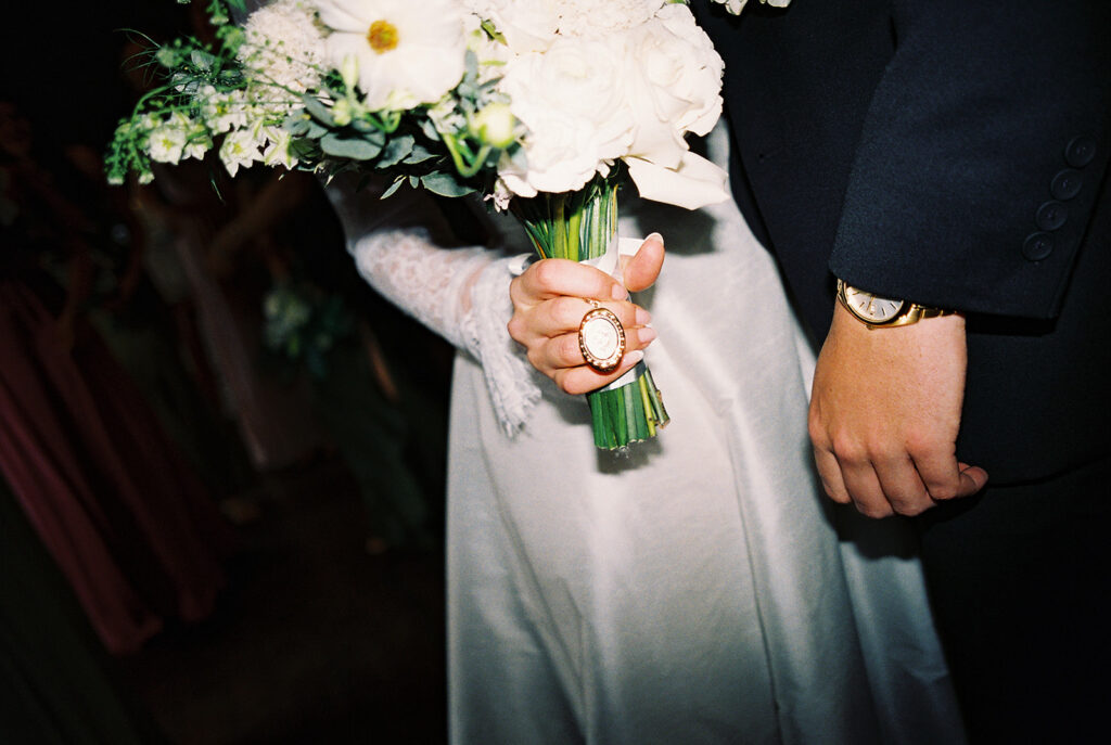 Bride and groom portrait with flash film photography at Springdale Station wedding venue
