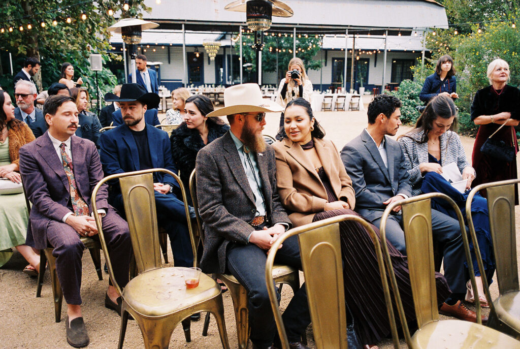 Outdoor wedding ceremony at Springdale Station on a November day on film