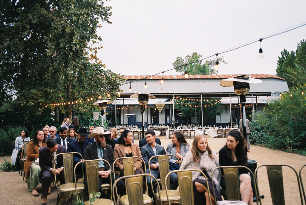 Outdoor wedding ceremony at Springdale Station on a November day on film