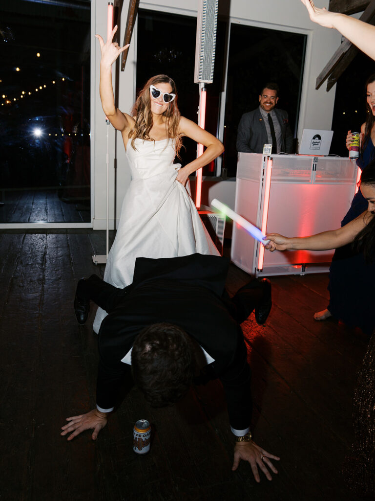 Guests dancing during a lively wedding reception in Austin, Texas on film