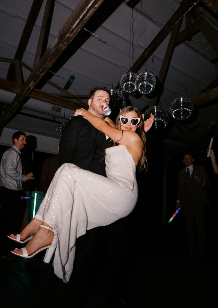 Guests dancing during a lively wedding reception in Austin, Texas on film