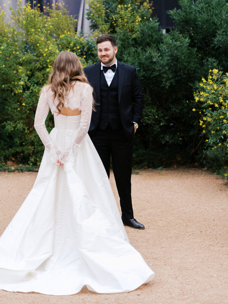 Emotional first look during an intimate wedding in Austin, Texas