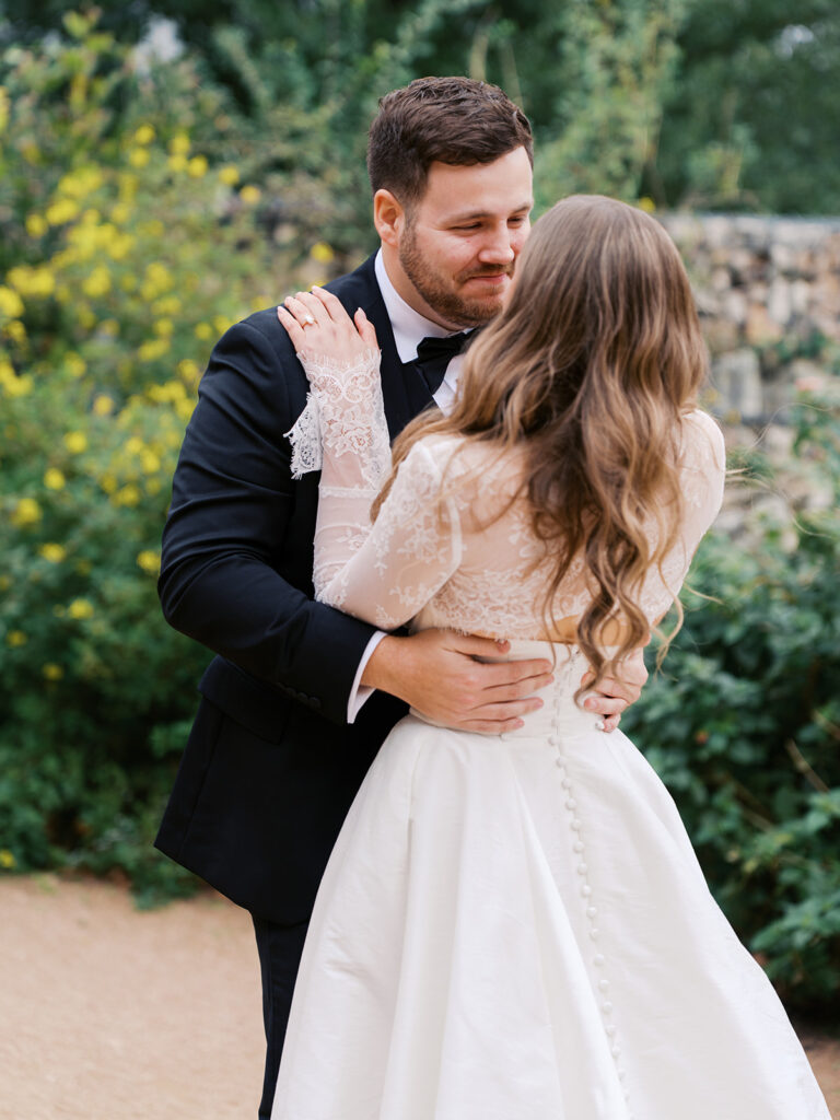 Emotional first look during an intimate wedding in Austin, Texas