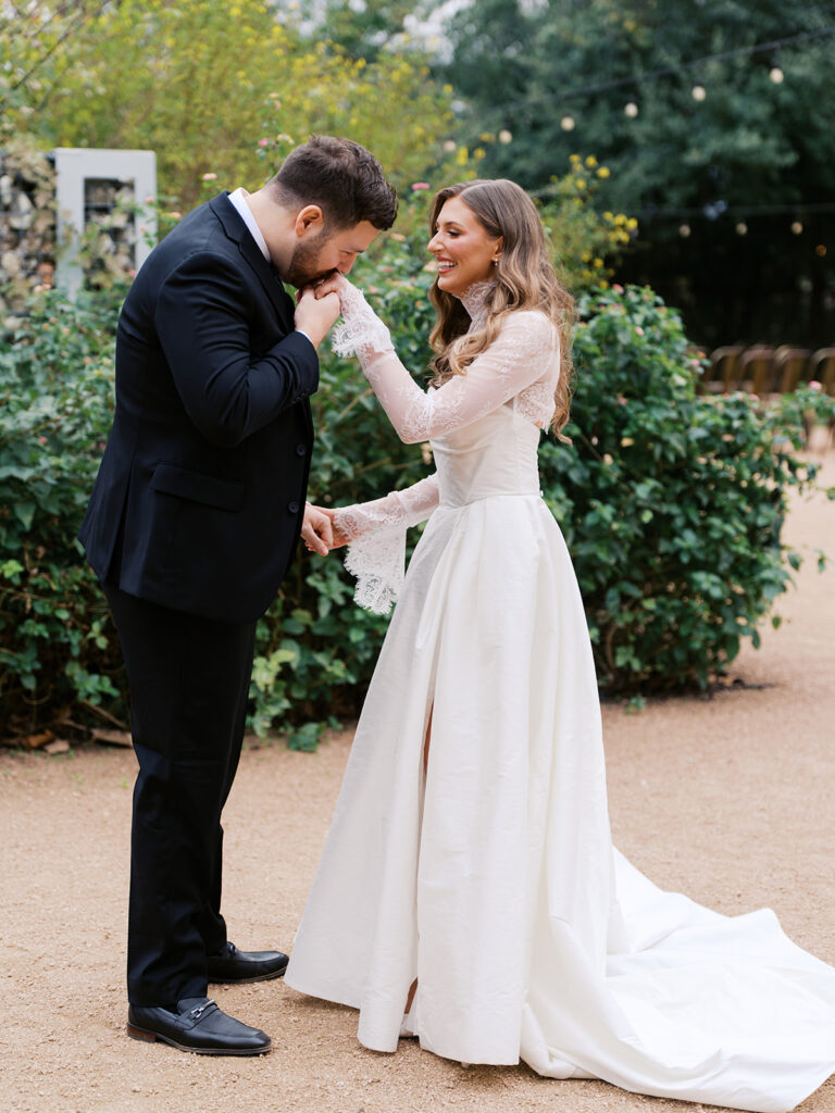 Emotional first look during an intimate wedding in Austin, Texas