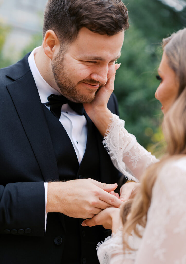 Emotional first look during an intimate wedding in Austin, Texas